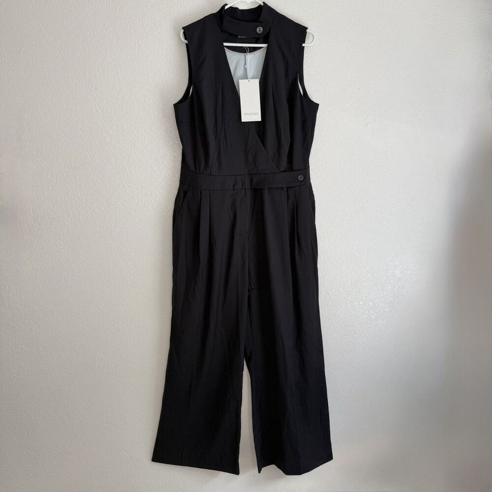 Wildfang The Empower High Waist V-Neck Jumpsuit Black 16 Wide Leg Tailored NWT